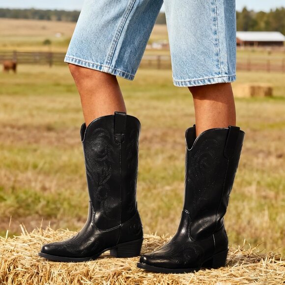 Dream Pairs Women's All Black Mid Calf Cowgirl Boot Square Toe Chunky Heel Shoes - Picture 6 of 7